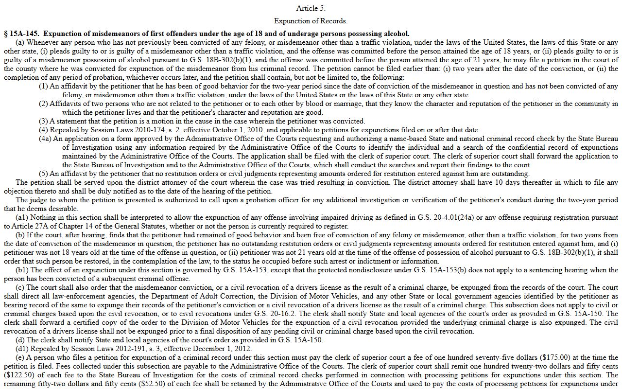 Anson County criminal court records expunction statute 15A-145