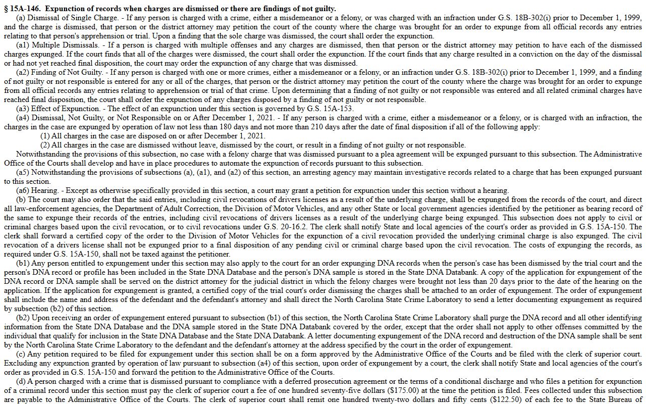 Anson County criminal court records expunction statute 15A-146