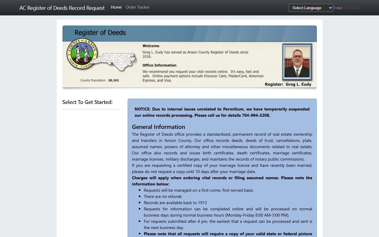 Anson County marriage records Permitium vital request page
